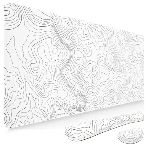 Niviy Weiß Gaming Mauspad mit Gelkissen,Memory Foam Mousepad Ergonomisches,900x400mm Kunstlinie Tischunterlage mit Handgelenkpolster Handauflage,für Mouse Laptop Computer Gaming(Topographie Weiß 3er) von Niviy