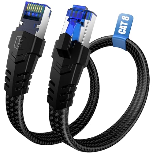Nixsto Ethernet Kabel 1.5M, Cat 8 40Gbps 2000MHz Hochgeschwindigkeits Netzwerkkabel, Flach RJ45 Gigabit Patchkabel, Kurz Nylongeflecht Internet LAN Kabel für Cat9/Cat8/Cat7/Cat6/Cat5e von Nixsto