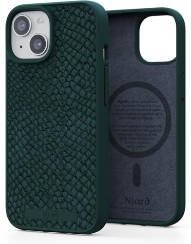 Njord Collections Lachsleder Telefonhülle, geeignet für iPhone 15, recyceltes/strapazierfähiges Material, 2 Meter Fallschutz, Mag-kompatibel/inklusive Magnetring, Grün von Njord Collections