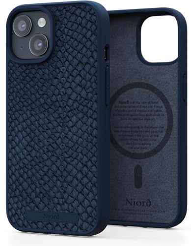 Njord Collections Lachsleder Telefonhülle, geeignet für iPhone 15, recyceltes/strapazierfähiges Material, 2 Meter Fallschutz, Mag-kompatibel/inklusive Magnetring, blau von Njord Collections