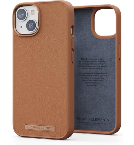 Njord Collections Lederhandyhülle, Geeignet für iPhone 14 Plus, Hochwertiges Leder, 100% recycelter Kunststoff, 2 Meter Fallschutz, Mag-Kompatibel, Cognac von Njord Collections