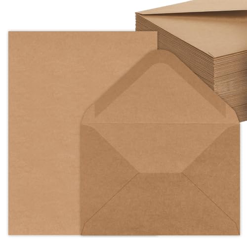 50 Sets Briefpapier mit Umschlag, Briefumschläge Kraftpapier und Blanko Karten zum Selbstgestalten für DIY, Einladungen, Grußkarten, Dankeskarten, DIN C6/A5, Braun von Noa Home Deco
