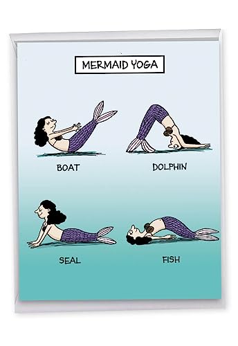 Mermaid Yoga - Funny Printed Stationery Birthday Card with Envelope (Extra Large 8.5 x 11 Inch) - Happy Birthday Greeting Notecard for Yoga Loving, Workout Friend - Cartoon Design J6375BDG von NobleWorks