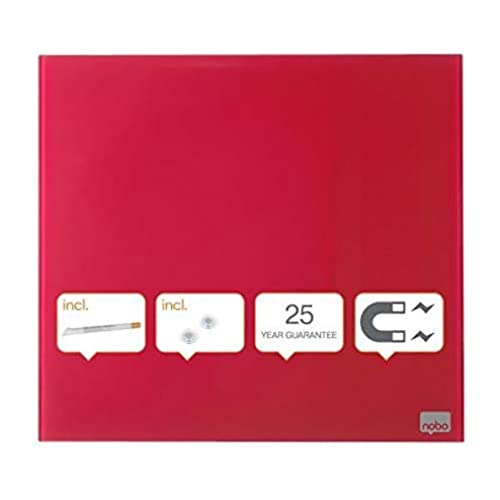 Nobo Glas-Whiteboard Kleine Magnetische Wandtafel, Trocken Abwischbare Glas-Oberfläche, Rahmenlos, Unsichtbare Wandmontage, 300 x 300 mm, Inkl. Markerstift und Magneten, Rot, 1903954 von Nobo