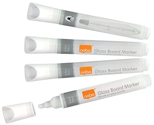 Nobo Liquid Ink Whiteboard-Marker für Glas-Whiteboards, 3 mm Rundspitze, 4er-Set, trocken abwischbar, Non-Permanent-Stift für Präsentationen in der Schule oder im Büro, weiß, 1905323 von Nobo