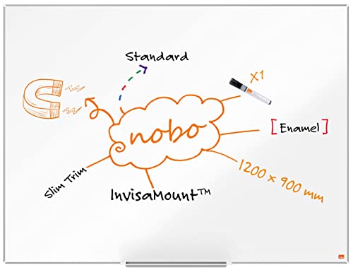 Nobo Magnetisches Emaillle-Whiteboard mit Stiftablage, 1200 x 900 mm, Schlanker Zierrahmen, InvisaMount-Montagesystem, Impression Pro, Weiß, 1915396 von Nobo