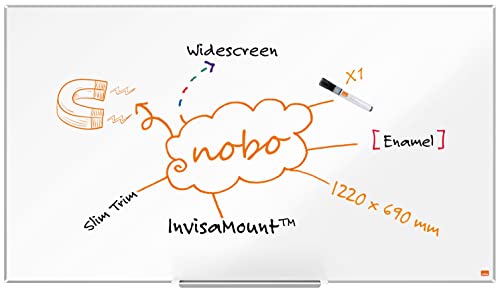 Nobo Magnetisches Widescreen-Emaillle-Whiteboard mit Stiftablage, 1220 x 690 mm, Schlanker Zierrahmen, InvisaMount-Montagesystem, Impression Pro, Weiß, 1915250 von Nobo