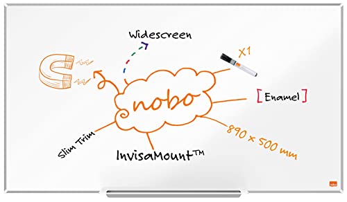 Nobo Magnetisches Widescreen-Nanostahl-Clean-Whiteboard mit Stiftablage, 890 x 500 mm, Schlanker Zierrahmen, InvisaMount-Montagesystem, Impression Pro, Weiß, 1915254 von Nobo