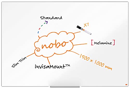 Nobo Nicht-Magnetisches Melamin-Whiteboard mit Stiftablage, 1500 x 1000 mm, Schlanker Zierrahmen, InvisaMount-Montagesystem, Impression Pro, Weiß, 1915412 von Nobo