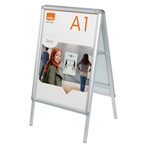 Nobo Premium Plus Plakatständer mit Klapprahmen, Größe A1, Freistehend, Doppelseitig, Aluminiumrahmen, Entspiegelte Kunststoff-Abdeckung, Silber, 1902206 von Nobo