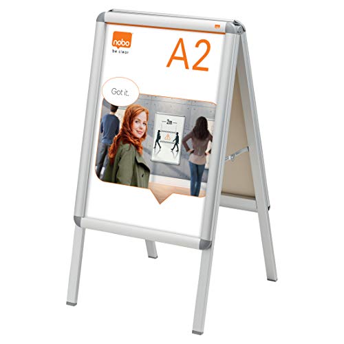 Nobo Premium Plus Plakatständer mit Klapprahmen, Größe A2, Freistehend, Doppelseitig, Aluminiumrahmen, Entspiegelte Kunststoff-Abdeckung, Silber, 1902207 von Nobo