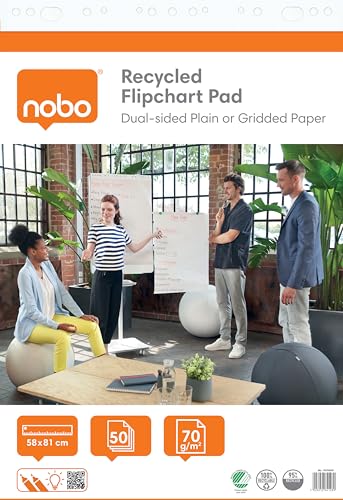 Nobo Recycling Flipchart-Block 58 x 81 cm, nachhaltiges doppelseitiges Flipchart-Papier, blanko & kariert, 50 Blatt, 70g/m², 1 Packung, gerollt verpackt, für Meetings & Brainstorming überall, 1915659 von Nobo