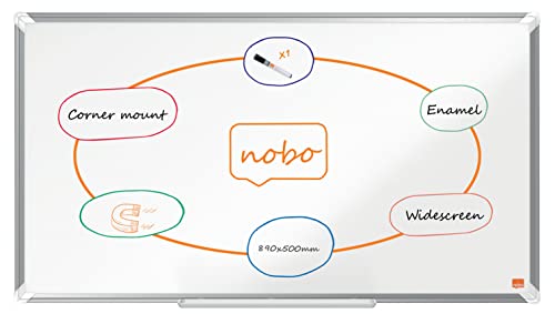 Nobo Stahl Whiteboard in Widescreen-Format, 40 x 71 cm, Aluminiumrahmen, Traditionelle Eckmontage, Inkl. Stiftablage, Premium Plus, Weiß, 1915371 von Nobo