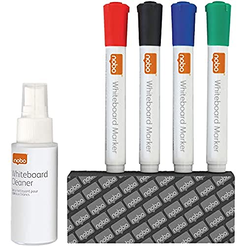 Nobo Whiteboard Zubehör Starter-Kit, Reinigungs- und Pflegeset, Enthält 4 Markerstifte, Tafelwischer und Whiteboard-Reinigungsspray, 1903798 von Nobo