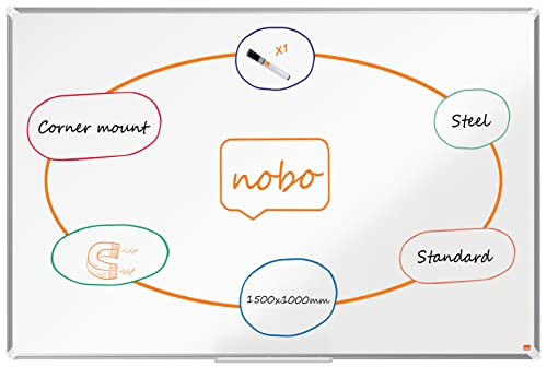 Nobo magnetisches Stahl Whiteboard, 100 x 150 cm, Aluminiumrahmen, Traditionelle Eckmontage, Inkl. Whiteboard-Marker, Premium Plus, Weiß, 1915158 von Nobo