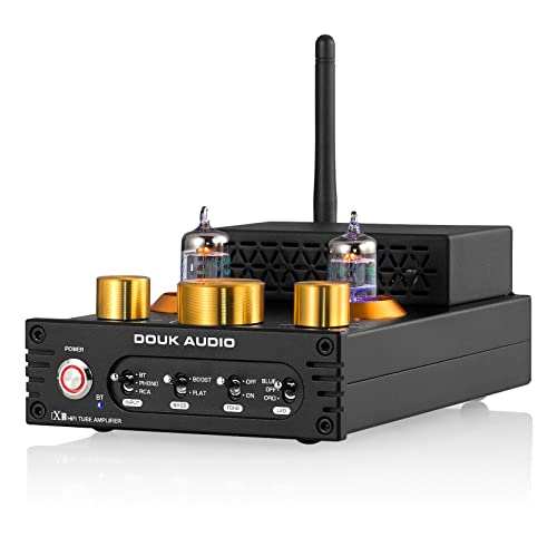 Douk Audio X1 Röhrenverstärker, HiFi Bluetooth 5.0 Verstärker, GE5654 Valve Stereo Audio Amplifier, MM Phonoverstärker, 160Wx2 TDA7498E Chip, Treble & Bass Control Knob von Nobsound