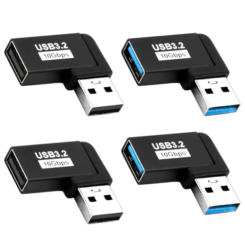 Nodcows 4 Stück USB Winkelstecker 90 Grad USB 3.2 Winkel Adapter, USB 3.2 Stecker auf Buchse Linke Winkel L-förmig Steckverbinder USB A3.2 Datenübertragung Konverter Koppler für PC, Laptop, Powerbank von Nodcows