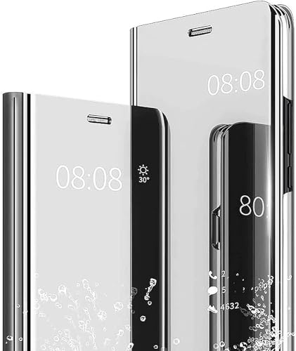 Nodigao für Xiaomi Redmi Note 14 Pro 5G Hülle Smart View Hart PC Spiegel Kickstand Lustig Design Silikon Flip Hüllen Handyhülle Case - Silber von Nodigao