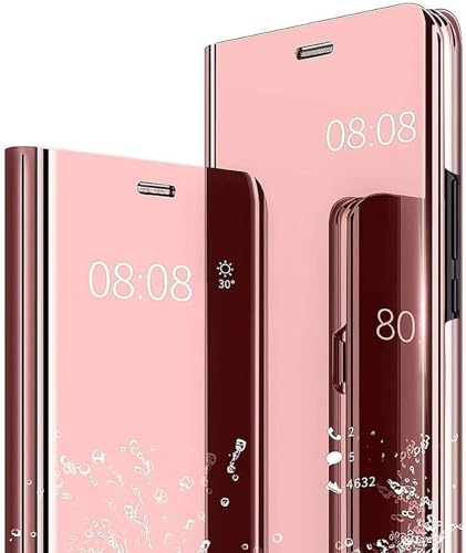 Kompatibel mit Samsung Galaxy S24 5G Hülle Smart View Hart PC Spiegel Kickstand Lustig Design Silikon Flip Hüllen Handyhülle Case - Roségold von Nodigo-EU