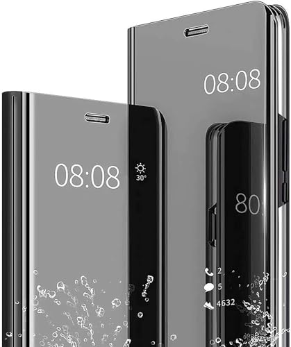 Kompatibel mit Samsung Galaxy S24 5G Hülle Smart View Hart PC Spiegel Kickstand Lustig Design Silikon Flip Hüllen Handyhülle Case - Schwarz von Nodigo-EU
