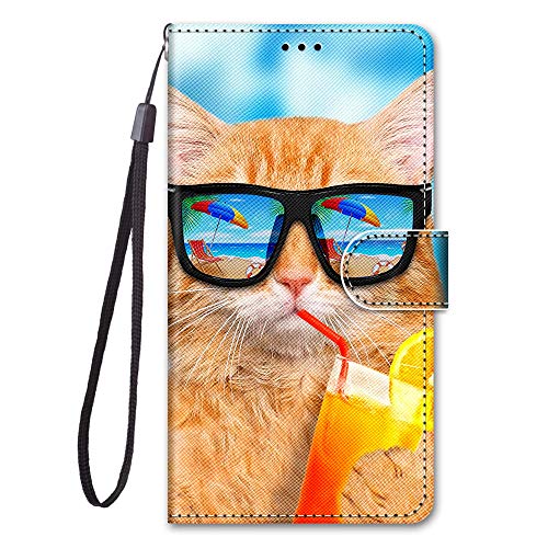 Nodigo für Samsung Galaxy A12/M12 Leder Hülle Magnetisch Kickstand mit Kartenfach 360 Grad Tier Muster Motiv Lustig Design Silikon Hüllen Handyhülle Wallet Tasche Case Mädchen Damen - Orangene Katze von Nodigo