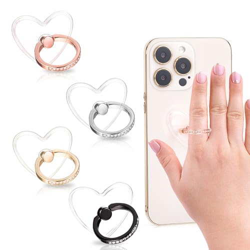 Nogeqi 4 Stück Handy Ring Halterung mit Herz, Klar Handyringhalterung Finger, Tragbarer Ring für Handyhülle, Handyring Ringhalter für Handy 360-Grad-Drehung mit Diamant für Smartphones Tablets von Nogeqi