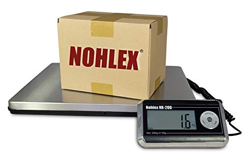 Nohlex Paketwaage 200kg/100g. Robuste Plattformwaage, professionelle Qualität mit Edelstahl Wägeplatte 40x31cm inklusive Netzteil. Beleuchtetes Display, Tara-Funktion von Nohlex