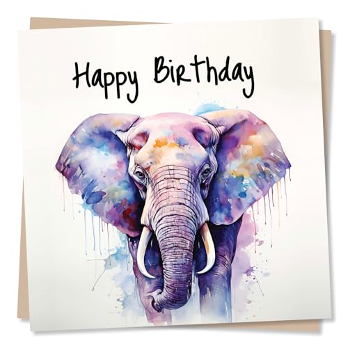 Atemberaubende Elefanten-Geburtstagskarte – lebendiger Aquarell-Elefant – Grußkarte für Männer und Frauen – hergestellt in Großbritannien von Nokular