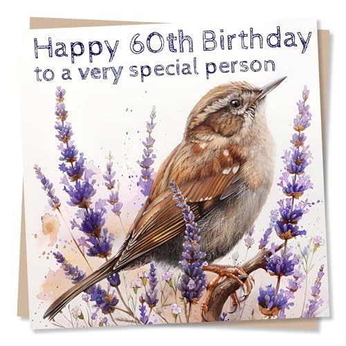 Geburtstagskarte zum 60. Geburtstag – Lavendelkönig-Vogel-Design – Happy 60th Birthday To A Very Special Person – für Frau oder Mann von Nokular