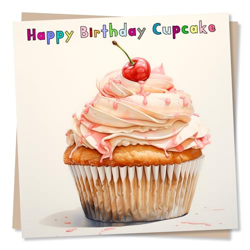 Happy Birthday Cupcake – Kirsche auf Kuchen Karte – für Freunde, Familie – hergestellt in Großbritannien von Nokular