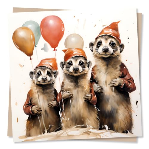 Niedliche Erdmännchen-Geburtstagskarte – Blanko-Karte mit drei Erdmännchen und Luftballons – hergestellt in Großbritannien von Nokular