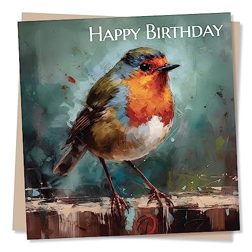 Schöne Geburtstagskarte mit Rotkehlchen-Gemälde, spezielle Karte für Familie und Freunde – Vogelliebhaber – herzliche Grüße für Frauen und Männer – hergestellt in Großbritannien von Nokular