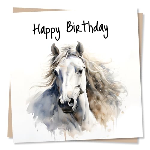 Schöne Geburtstagskarte mit weißem Pferd in Aquarellfarben, Grußkarte für Pferde und Tierliebhaber, Männer, Frauen, hergestellt in Großbritannien von Nokular