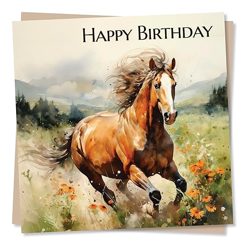 Schöne Grußkarte zum Geburtstag, Motiv: Galoppierendes Pferd, spezielle Karte für Familie und Freunde, Pferdeliebhaber, herzliche Grüße für Frauen, Männer, hergestellt in Großbritannien von Nokular