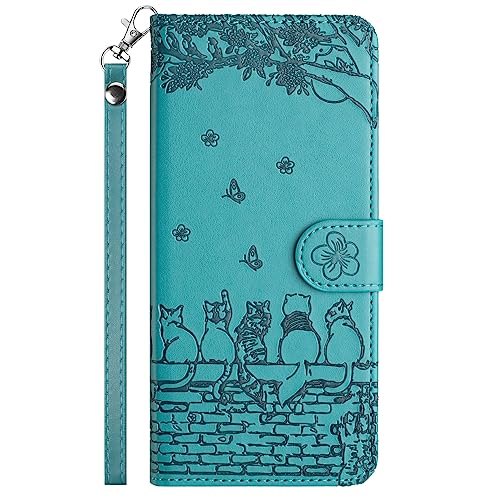 Nokverzy Handyhülle für Huawei P20 Lite Hülle klappbar,Prägemuster,Katzen Schmetterlinge der Wand Spielen,Kreditkartenfach Brieftasche mit Magnetic Closure,Handytasche für Huawei P20 Lite Cover,Blau von Nokverzy