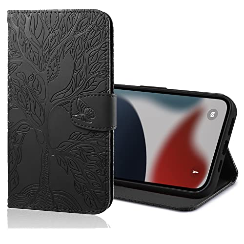 Nokverzy Handyhülle für Huawei P30 Hülle,Geprägt PU Leder Zweigmuster Cover,Schmetterling Magnetverschluss Klapphülle mit Kartenfach,Standfunktion Wallet Book mit Armband,Lebensbaum,Schwarz von Nokverzy