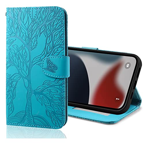 Nokverzy Handyhülle für Samsung Galaxy A6 Plus 2018 Hülle,Geprägt PU Leder Zweigmuster Cover,Schmetterling Magnetverschluss Klapphülle Kartenfach,Standfunktion Wallet Book Armband,Lebensbaum,Blau von Nokverzy