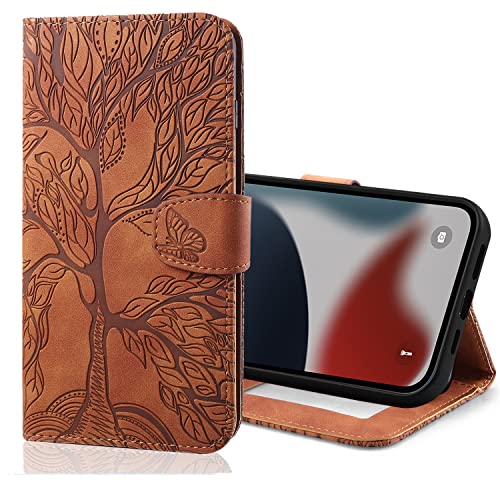 Nokverzy Handyhülle für Samsung Galaxy S10 5G Hülle,Geprägt PU Leder Zweigmuster Cover,Schmetterling Magnetverschluss Klapphülle mit Kartenfach,Standfunktion Wallet Book mit Armband,Lebensbaum,Braun von Nokverzy