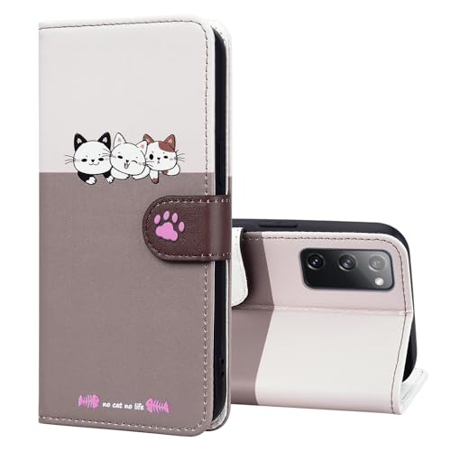 Nokverzy Handyhülle für Samsung Galaxy S20 FE Hülle Flip Leder Wallet Book mit Kartenfächern Bargeldfach und Magnetverschluss,Niedliche Cartoon-Katzen-Abdeckung mit Halterung und Armband,Weiß+Grau von Nokverzy