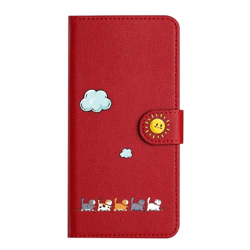 Nokverzy Handyhülle für Xiaomi 13T/13T Pro Hülle Flip Leder Wallet Book mit Kartenfächern,Bargeldfach,Halterung und Sonne Endschild Magnetverschluss, Gemalte Katze und weiße Wolke Muster,Rot von Nokverzy