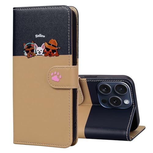 Nokverzy Handyhülle für iPhone 15 Pro(5.8") Hülle Flip Leder Wallet Book mit Kartenfächern Bargeldfach und Magnetverschluss,Niedliche Cartoon-Hund-Abdeckung mit Halterung und Armband,Schwarz+Khaki von Nokverzy