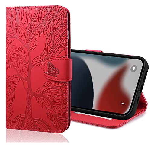 Nokverzy Hülle für iPhone 15 Plus(6.7") Klapphülle Leder Magnetisch Stoßfest Schmetterling Baum Motiv Handyhülle für iPhone 15 Plus(6.7") Hülle mit Kartenfach Band Ständer Magnet Flip Wallet Rot von Nokverzy