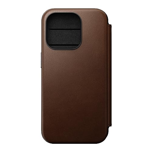 Nomad Moderne Leder-Folio-Schutzhülle für iPhone 15 Pro – Mag Safe Wireless Charging Lederhülle, 3 Kartenfächer, 360° schützender Bumper & 3 m Fallschutz – Braun von Nomad Goods