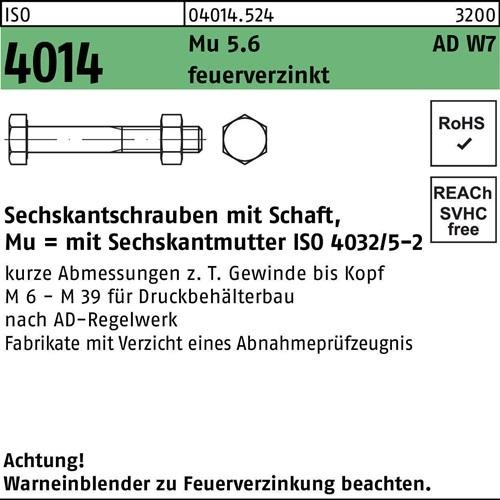 10 Stk. Sechskantschraube ISO 4014 Schaft M24x 180 Mu 5.6 W7 feuerverz. 10 10 Stk. Sechskantschraube ISO 4014 Schaft M24x 180 Mu 5.6 W7 feuerverz. 10 von Noname