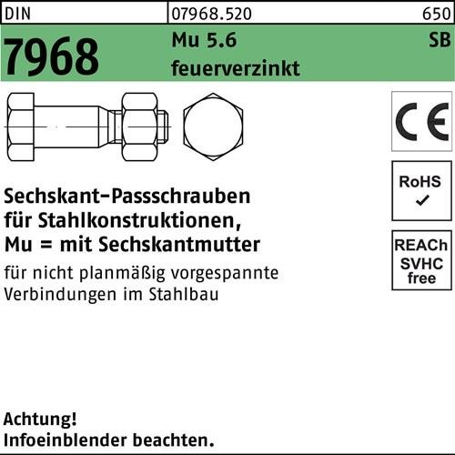 25 Stk. Sechskantpassschraube DIN 7968 CE Mutter M24x 70 5.6 feuerverz. 25 25 Stk. Sechskantpassschraube DIN 7968 CE Mutter M24x 70 5.6 feuerverz. 25 von Noname