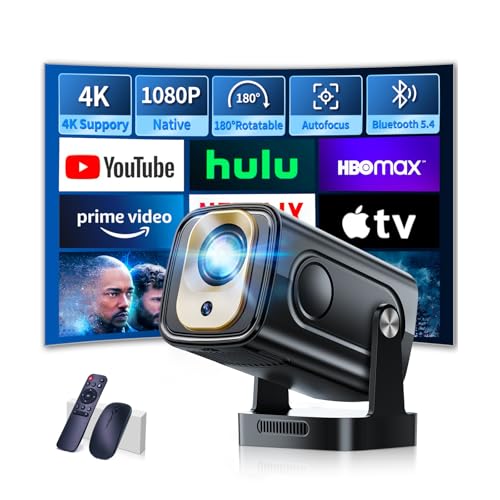 [Integrierte App] Mini-Projektor, 1080P, Full HD, Projektor mit Maus, Android, WiFi 6 BT5.0, tragbarer Projektor mit Prime Video, Youtube, Auto Keystone HDMI/TV Stick/USB, Schwarz von Nonete