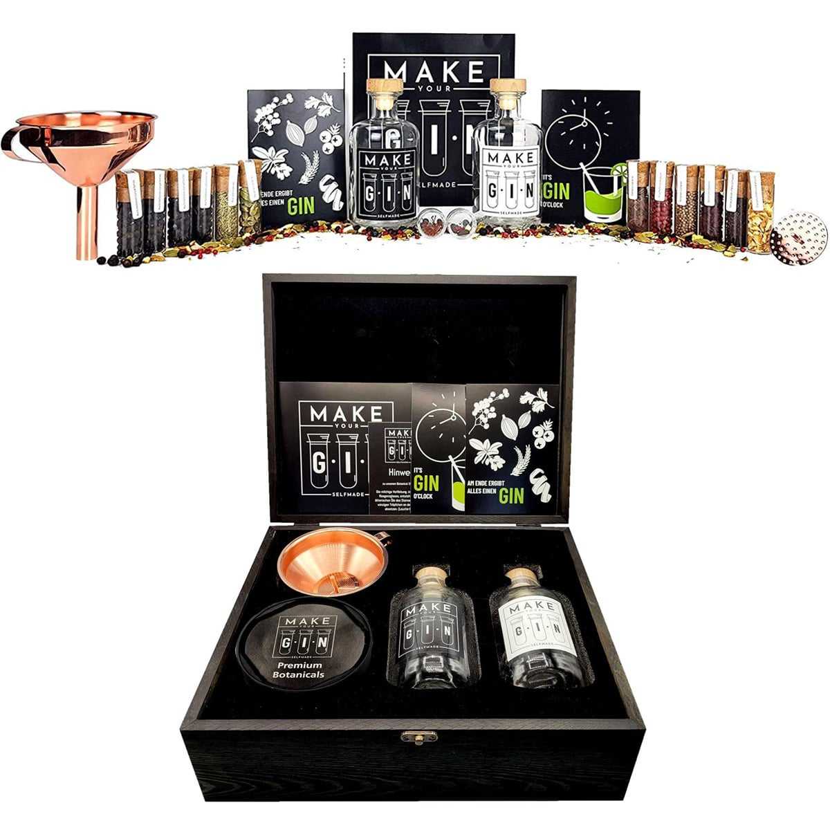 Make Your Gin Geschenkset mit Holzbox Schwarz (12 Botanicals Bar Trichter Anleitung mit Rezept) von MixCompany