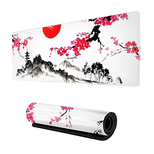 Japanische Kirschblüten-Gaming-Mauspad XL, genähte Kanten, erweitertes großes Mauspad, Schreibtischunterlage, lange rutschfeste Gummiunterseite, 80 x 30 cm von Norchzi