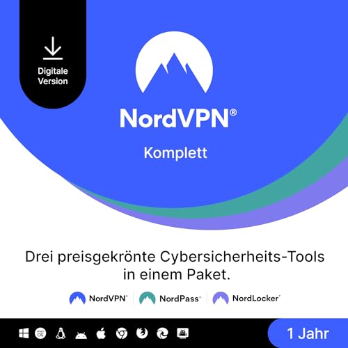 NordVPN Komplett – 1 Jahr – VPN & Cybersicherheits-Softwarepaket – Online-Bedrohungen blockieren, Passwörter verwalten und Dateien in einer sicheren Cloud speichern – PC/Mac/Mobile [Online Code] von NordVPN