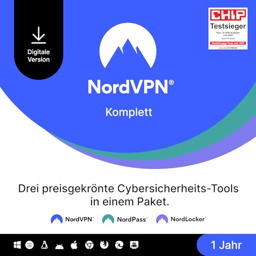 NordVPN Komplett – 1 Jahr – VPN & Cybersicherheits-Softwarepaket – Online-Bedrohungen blockieren, Passwörter verwalten und Dateien in einer sicheren Cloud speichern – PC/Mac/Mobile [Online Code] von NordVPN